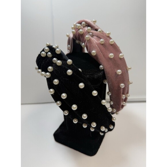 Velvet Top Knot Faux Pearl Embellished Headband Bundle Lot Of 2 Black & Pink New - Picture 2 of 6